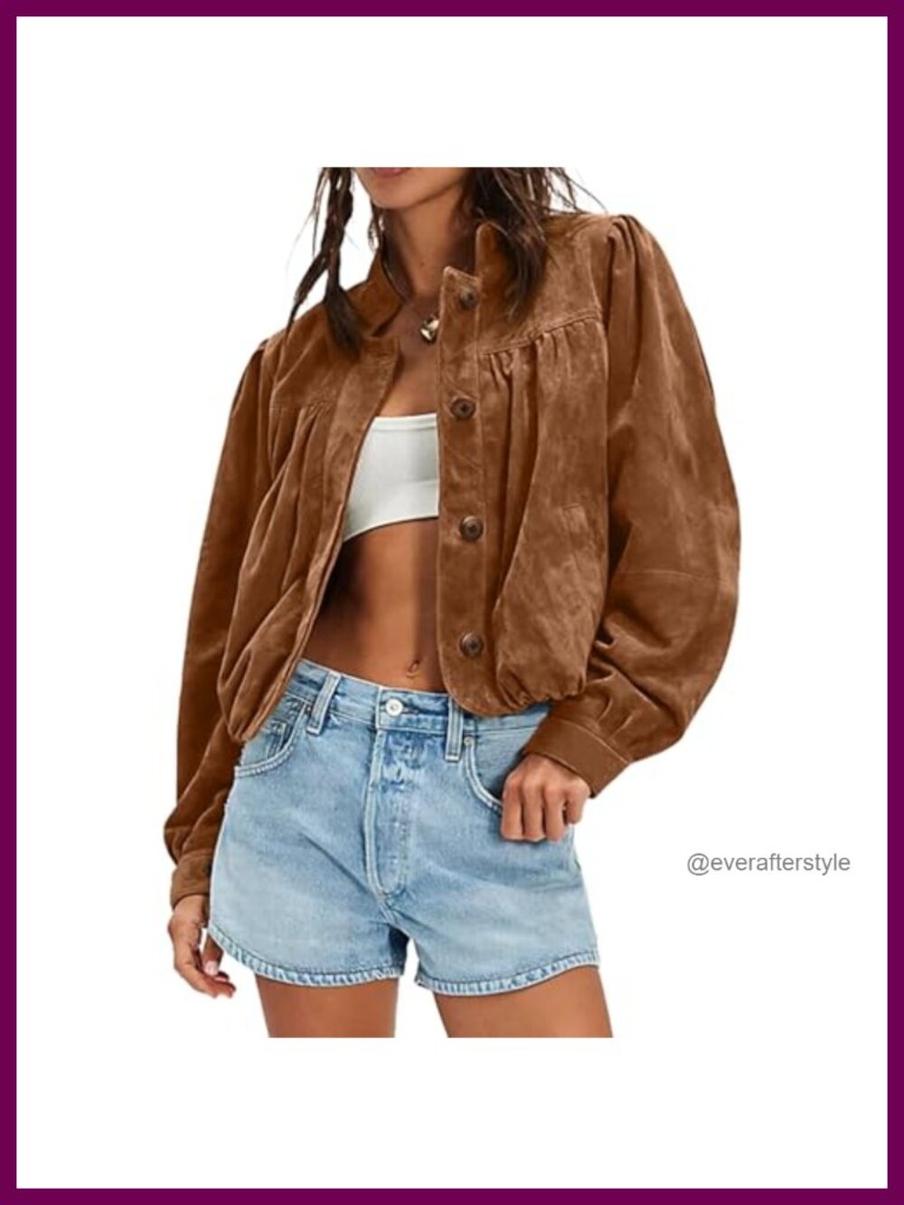 Faux Suede Cropped Jacket Puffed Long Sleeve Stand Collar Button Down Pilot Coat